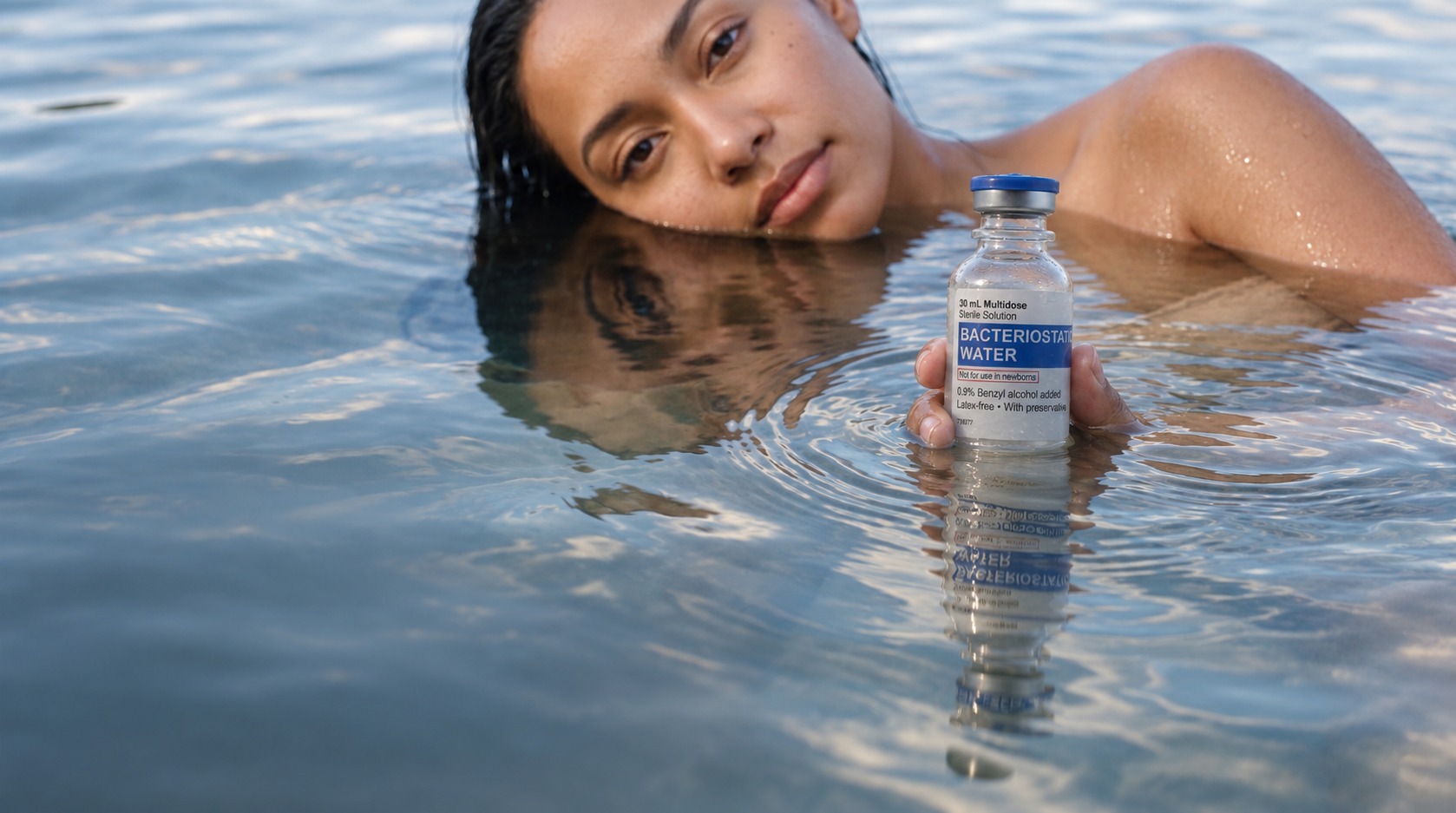 A person in water holding BioPure Labs Bacteriostatic Water, 30 mL multidose